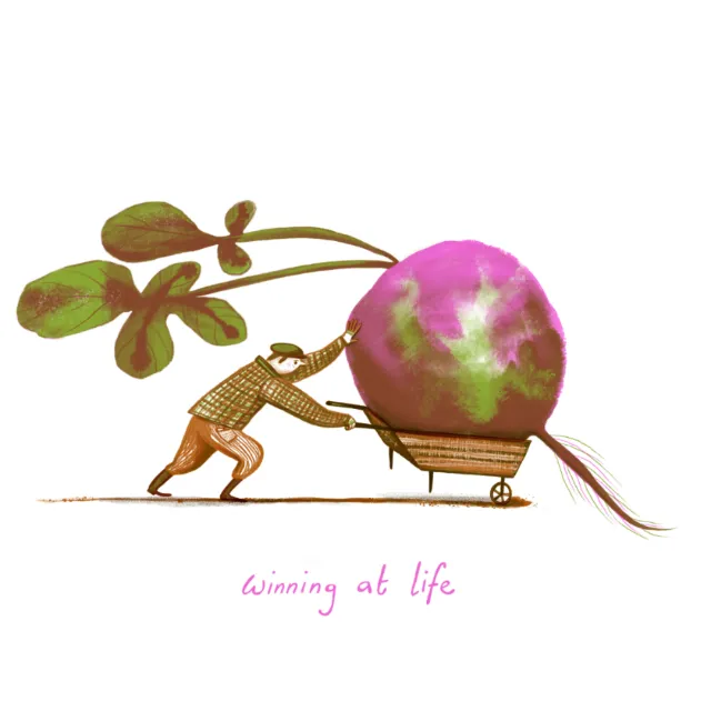 Illustration of person pushing large radish on cart by Anne Wilson