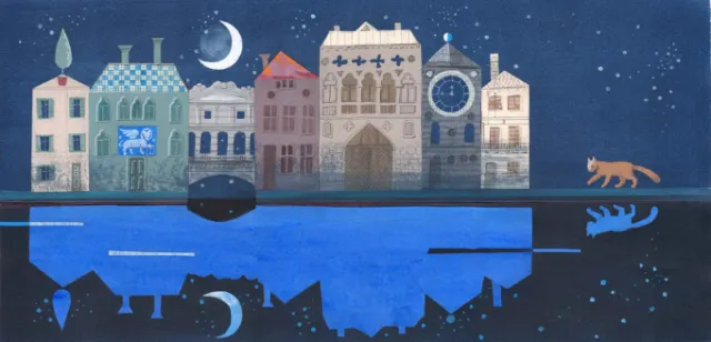 Cityscape with moon, stars, buildings, and cat by Victoria Fomina