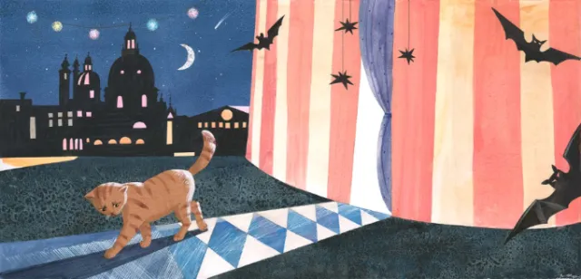 Cat walking in striped room toward night cityscape with bats by Victoria Fomina