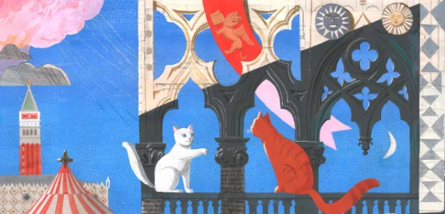 Two cats on gothic balcony under moonlight by Victoria Fomina