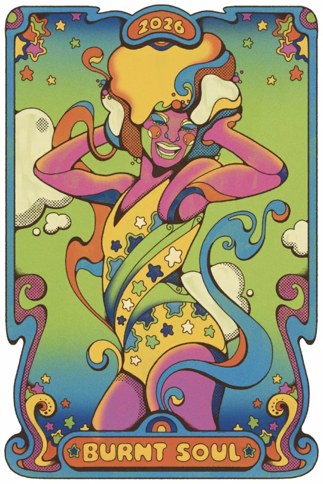 Psychedelic laughing woman with stars and swirls in colorful jumpsuit by Laura Greenan