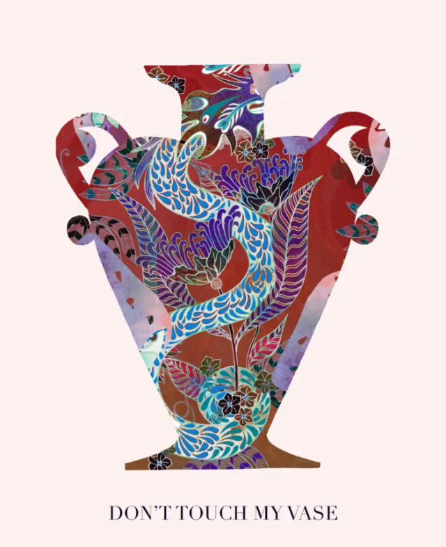 Decorative vase silhouette featuring colorful bird and floral patterns by Hannah Davies
