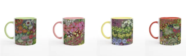 Four ceramic mugs with different colorful floral illustrations by Sarah Beetson
