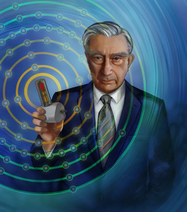 Portrait of scientist holding device with circular patterns by Alex Webber