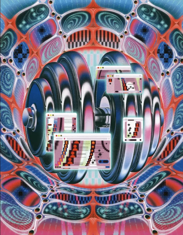 Abstract digital wheel with geometric and psychedelic patterns by Wenjing Yang