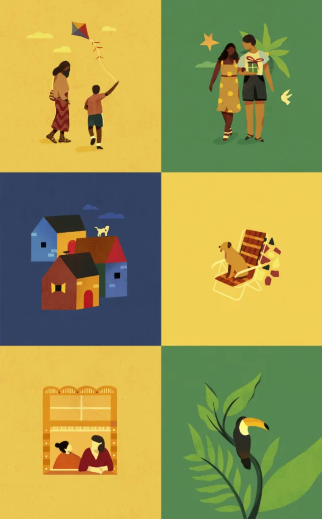 Six vibrant scenes illustrate people, homes, and nature by Barbara Tamilin