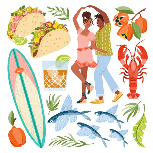 Summer-themed illustrations of dancing couple, tacos, fish, lobster, and surfboard by Kate Snell