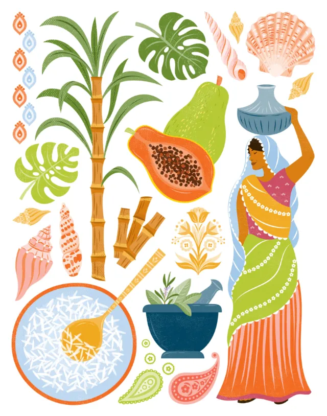Tropical fruits, bamboo, seashells, and woman in traditional dress illustrated by Kate Snell