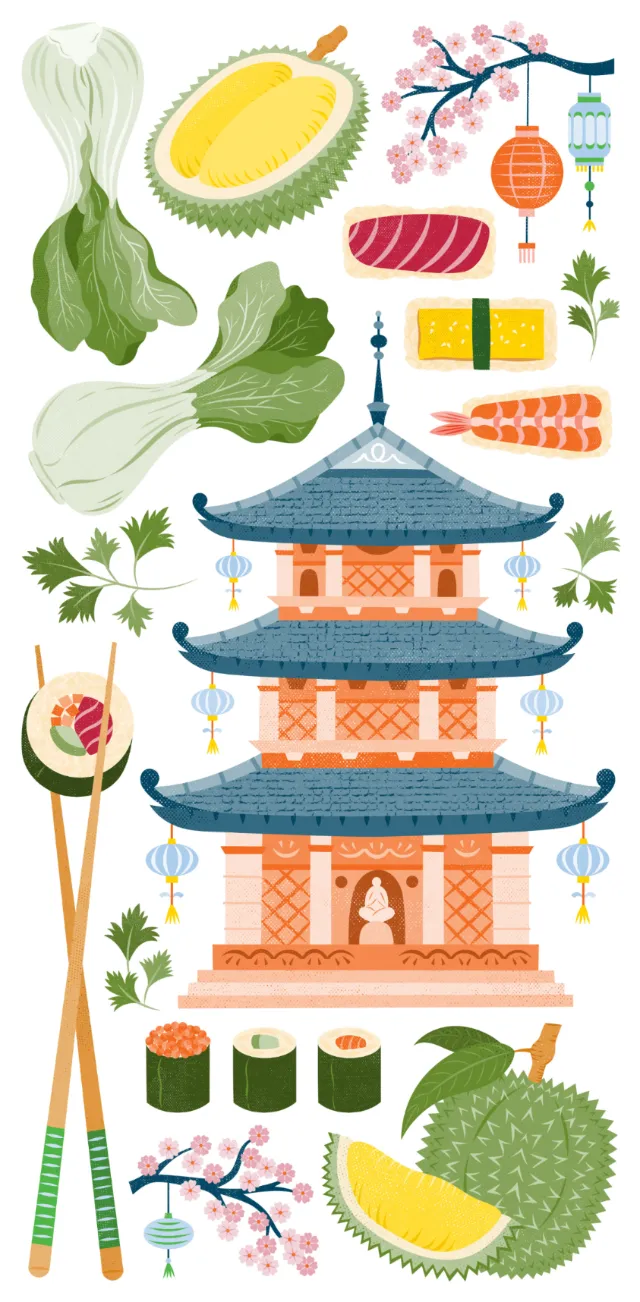 Asian food items and pagoda illustration by Kate Snell