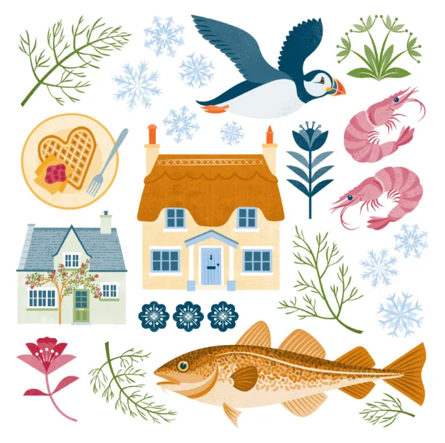 Coastal cottages, puffin, fish, shrimp, flowers, and snowflakes illustration by Kate Snell
