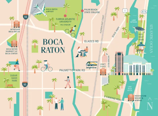 Illustrated map of Boca Raton Florida with roads, parks, and landmarks by Kate Snell
