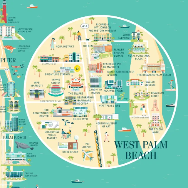 Illustrated map of West Palm Beach showing landmarks and local districts by Kate Snell
