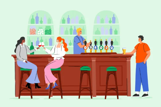 Four people socializing and drinking at a bar by Kate Snell