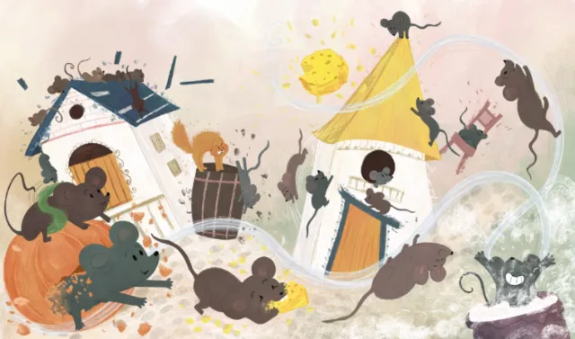 Mice and cats playing around whimsical houses and pumpkin by Dalia Awad