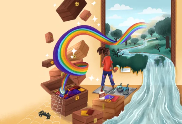 Girl exploring a rainbow waterfall and river in a surreal forest scene by Carol Rempto