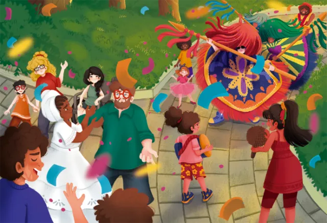 Outdoor celebration with diverse people dancing and colorful confetti by Carol Rempto