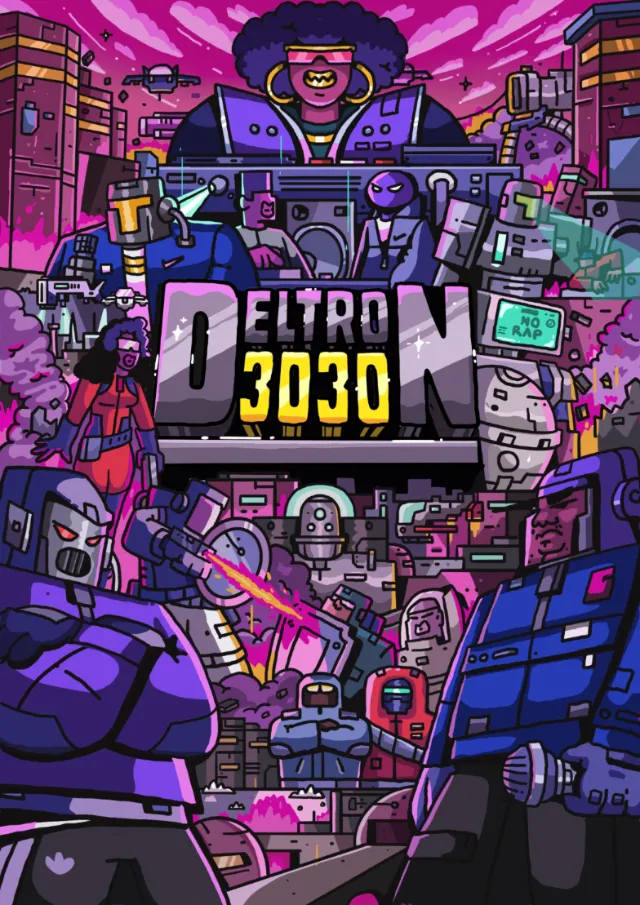 Colorful futuristic city poster with robots and characters by Mpumelelo Bhengu