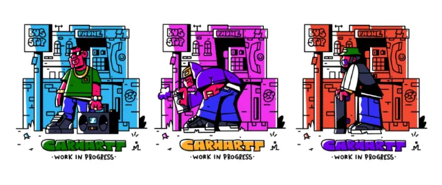 Three colorful illustrations of bus stop scenes by Mpumelelo Bhengu