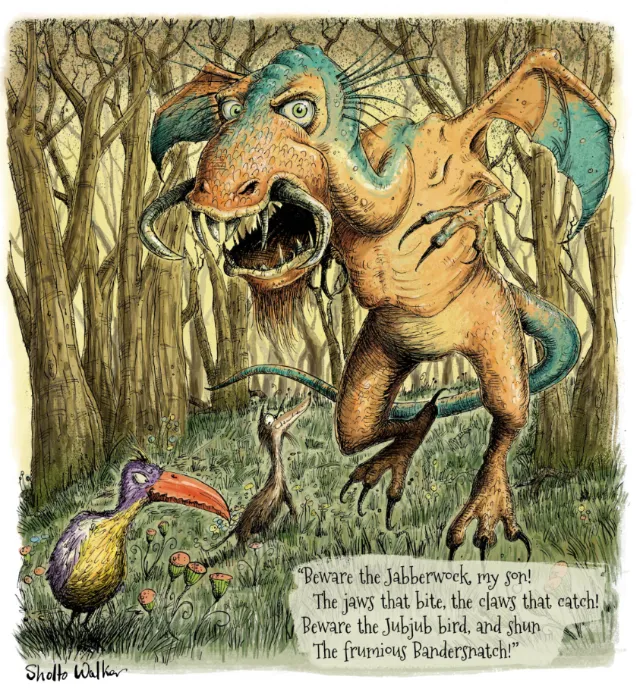 The Jabberwock monster with Jubjub bird and Bandersnatch in woodland by Sholto Walker