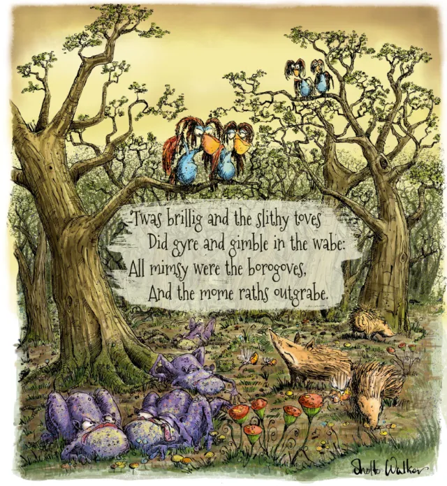 Sholto Walker illustration of Jabberwocky verse with fantastical creatures