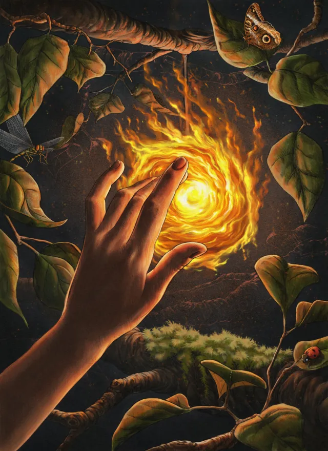 A hand reaches toward a fiery orb in a dark forest scene by Diego Abreu