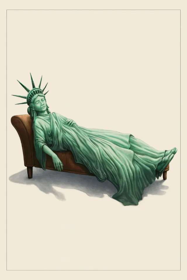 Statue of Liberty reclining on a brown couch by Diego Abreu