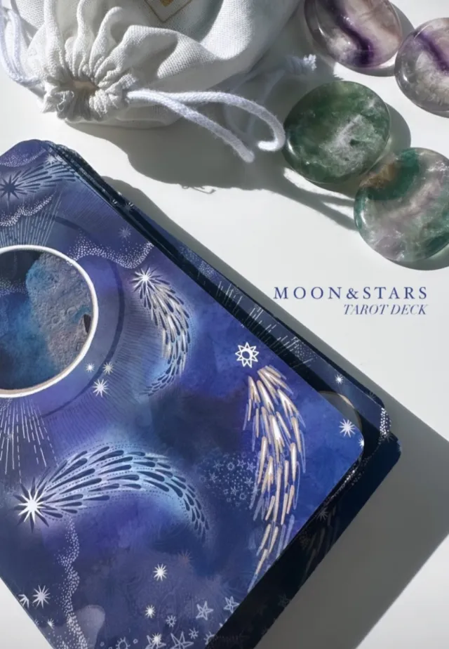 Moon & Stars Tarot deck and colorful gemstones by Hannah Davies