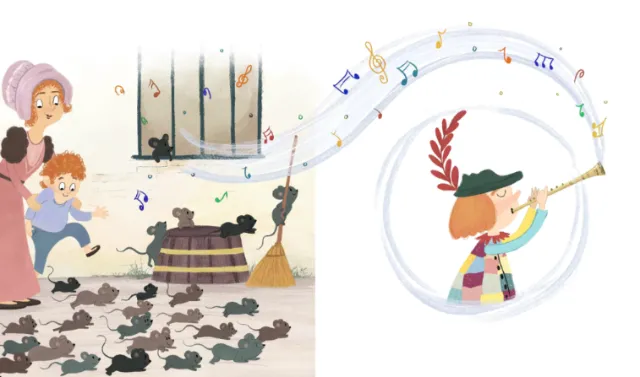 Child playing flute surrounded by mice with a watching woman by Dalia Awad