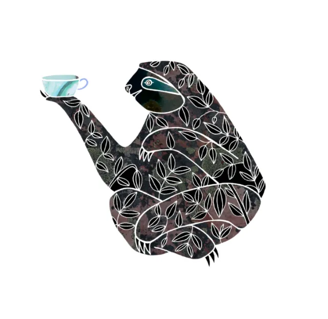 Stylized frog with white leaf patterns holding a blue teacup, by Hannah Davies