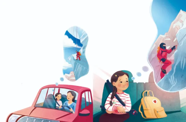Girl sitting with backpack imagining mountain climbing by Teresa Alberini