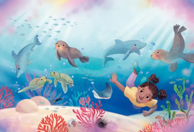 Child swimming underwater with dolphins, seals, turtles, and coral by Teresa Alberini
