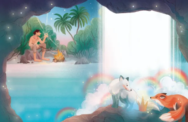 Illustration of a person near campfire, a white animal and a fox by a cave, by Teresa Alberini
