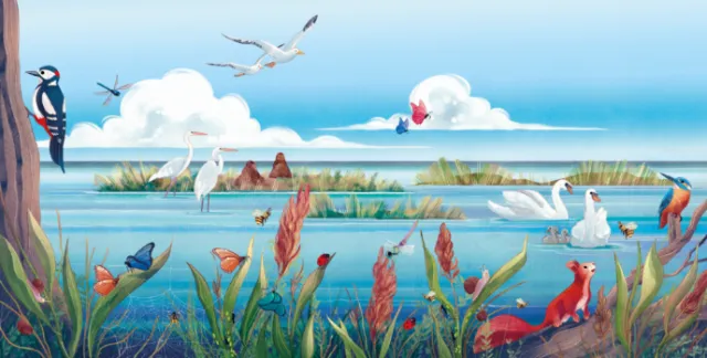 Colorful wetland with birds, swans, fox, and plants by Teresa Alberini