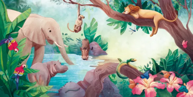 Jungle animals by water including elephant, hippos, lion, and snake by Teresa Alberini