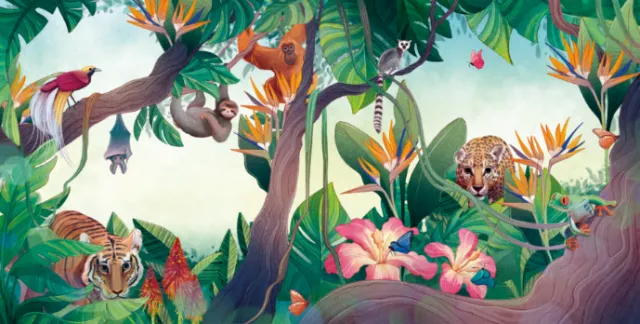 Tropical jungle scene with colorful birds, tiger, leopard, and vibrant flowers by Teresa Alberini