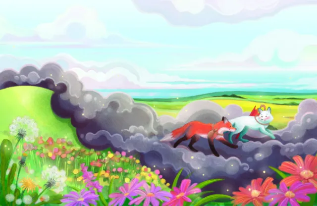 Fox and white cat walking through colorful meadow by Teresa Alberini