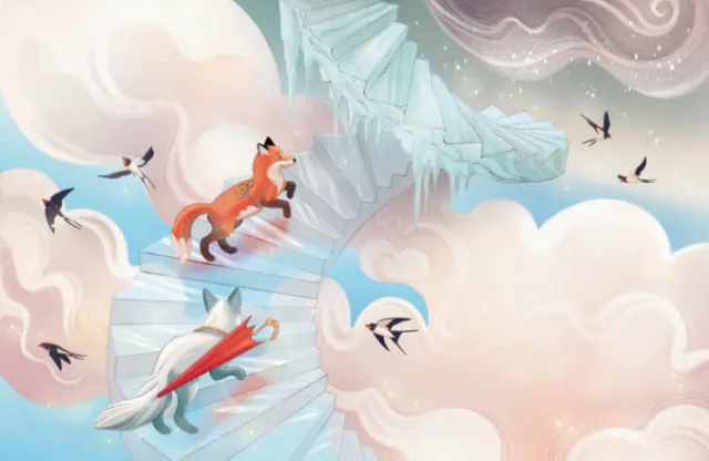Two red foxes on a spiral staircase in clouds by Teresa Alberini