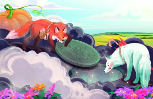 Fox and white deer drinking water near pond in colorful landscape by Teresa Alberini
