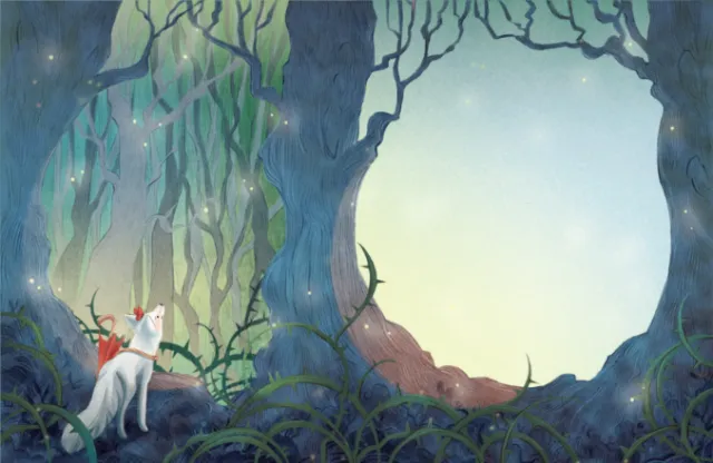 White fox with red markings in a glowing enchanted forest by Teresa Alberini