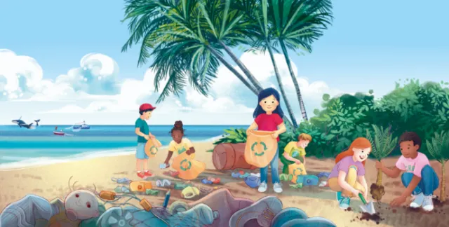 Children cleaning trash on a sunny beach with palm trees by Teresa Alberini