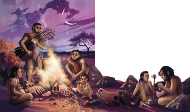 Prehistoric family sitting around campfire in evening, by Teresa Alberini