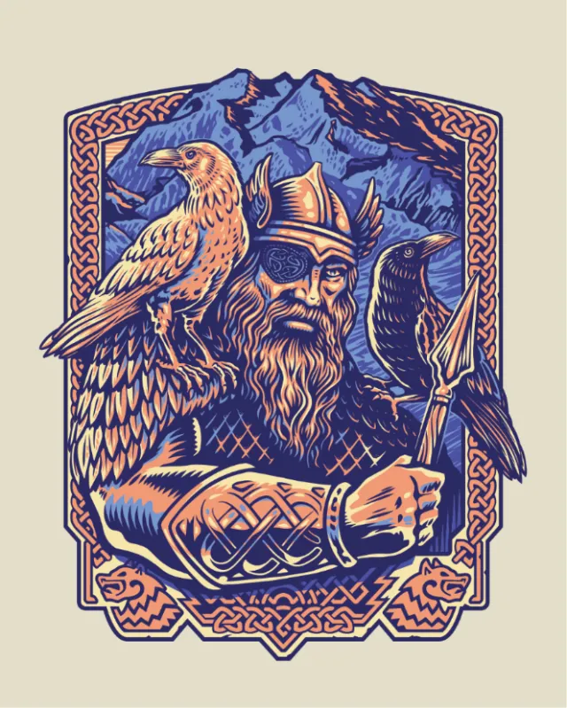 Illustration of Odin with two ravens holding a spear by BoomArtwork