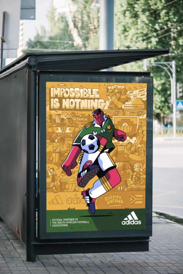 Adidas soccer poster showing player kicking ball with Impossible Is Nothing text by Bhengu