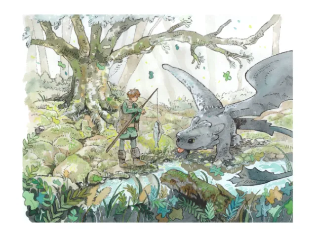 Young boy holding spear beside dragon near stream in forest by Parakid