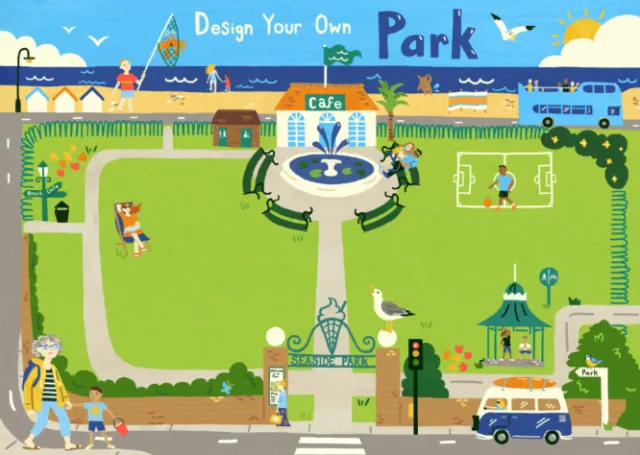 Illustrated seaside park map with beach, fountain, gulls, and tourist bus by Vicky Scott