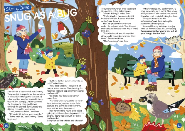 Child and grandma spotting wildlife on a winter walk with hedgehogs and birds by Vicky Scott