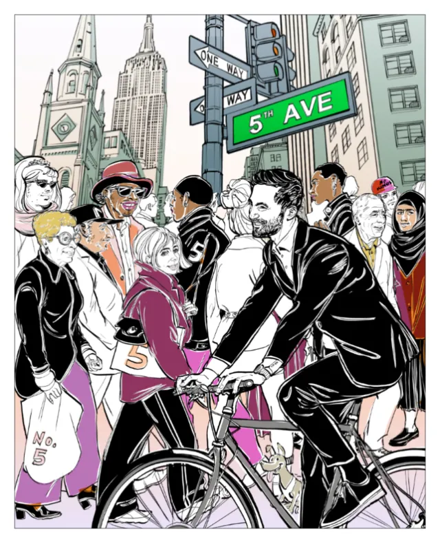Diverse city crowd crossing the street with cyclist in front, art by Silke Bachmann