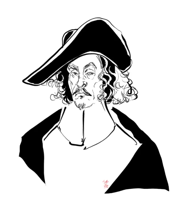Black and white sketch of a man in a tricorn hat by Silke Bachmann