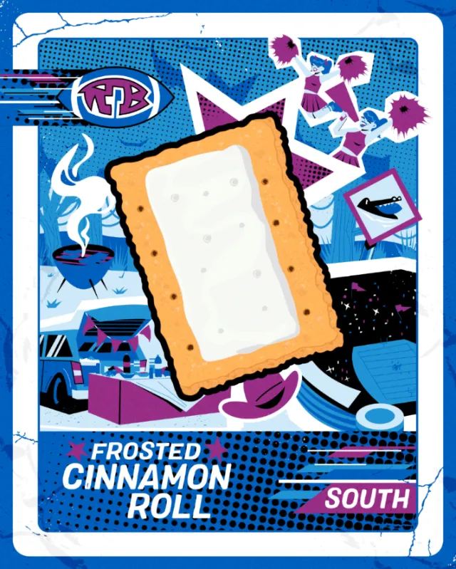 Pop art style frosted cinnamon roll with vibrant blue and purple, by Mau Cardoso