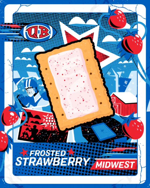 Colorful frosted strawberry pastry illustration with farm and Midwest theme by Mau Cardoso